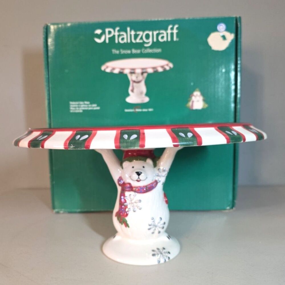 Pfaltzgraff Snow Bear Pedestal Cake Plate Stand 12" Vtg Christmas Original Box